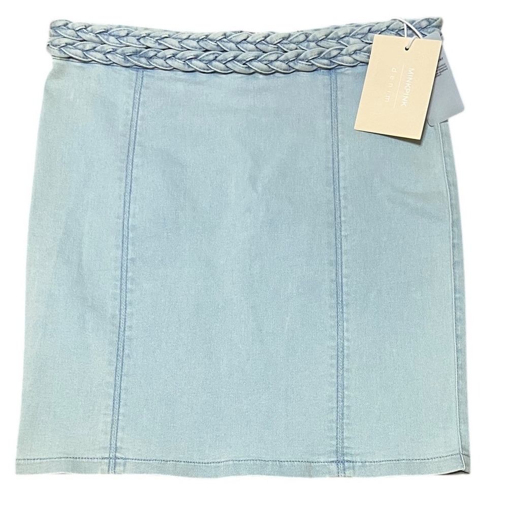 Minkpink‎ NEW Double Dutch Light Wash Denim Mini Skirt Braided Waist Blue Size M - Picture 2 of 9